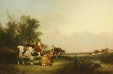 Pastoral scen, boskap och figurer